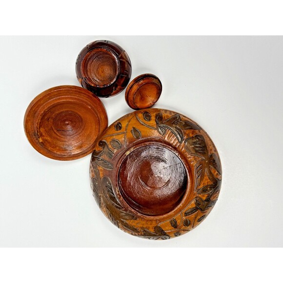 Vintage Carved Wood Jar Set Boho Botanical Lidded Bowls Rustic Trinket Box Decor - Picture 5 of 6